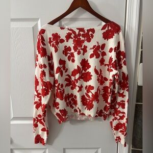 Ann Taylor Red Floral Long Sleeve Spring Sweater